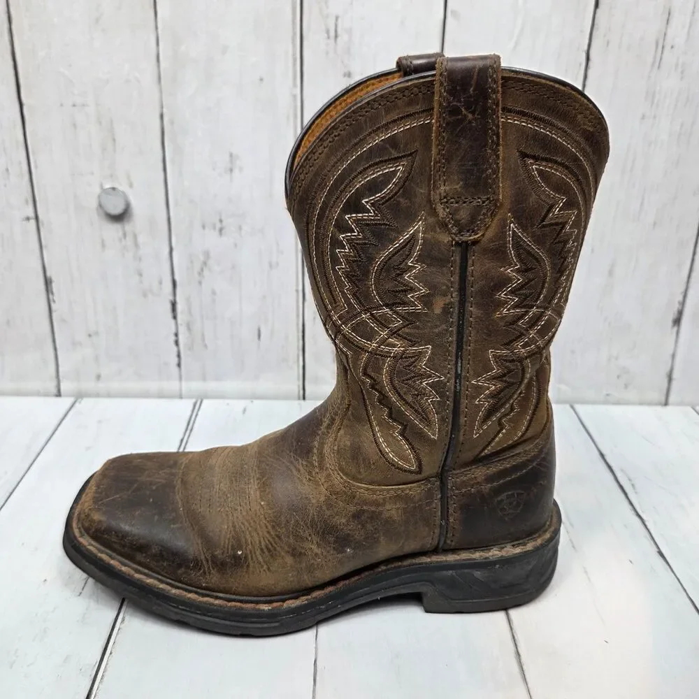 Ariat Kid's Work Hog Brown Leather Western Boot Youth Size 1 Boys 10042412 GUC